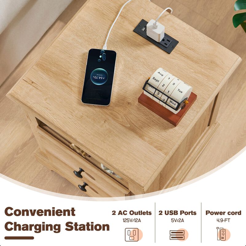 T4TREAM Nightstand with Charging Station Set of 2, Wood Rustic Sofa Side Table with Open Storage Shelf for Bedroom, 18 Inch Vint