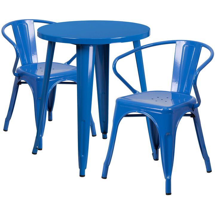 Flash Furniture Napoleon Commercial Grade 24" Round Blue Metal Indoor-Outdoor Table Set with 2 Arm Chairs