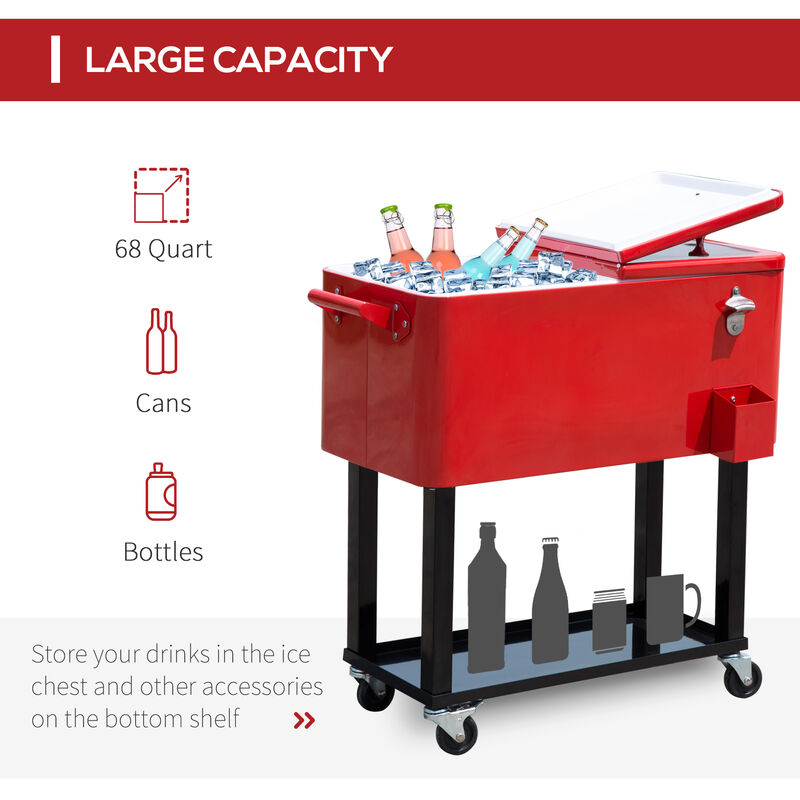 Outsunny 80 QT Rolling Cooling Bins Ice Chest on Wheels Outdoor Stand Up Drink Cooler Cart for Party, Red