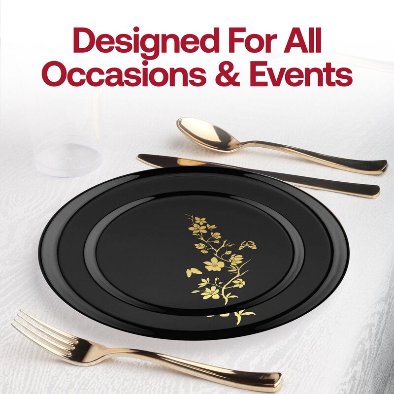 Black with Gold Floral Plastic Wedding Value Set (120 Sets) image number 6