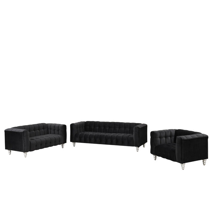Modern 3piece sofa set with solid wood legs, buttoned tufted backrest, Dutch fleece upholstered sofa set including threeseater sofa, double seat and set single chair, black