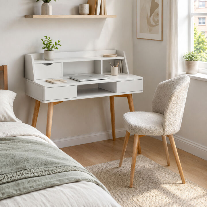 Teamson Writing Desk with Hutch, Drawers, Flip Drawer, Cubbies, Cable Opening, White MDF & Natural Wood Legs, Compact Office Desk for Home, Creativo Collection