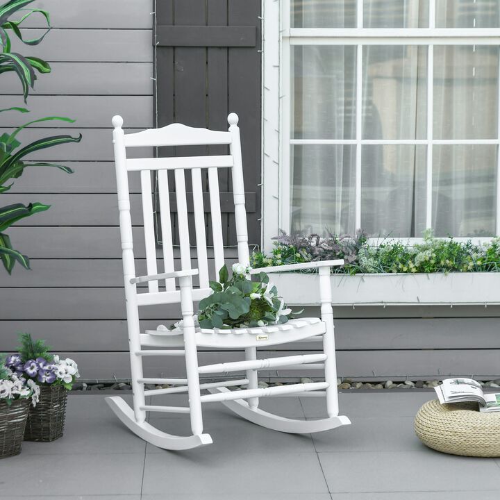 Traditional Wooden High-Back Rocking Chair for Porch, Indoor/Outdoor, White