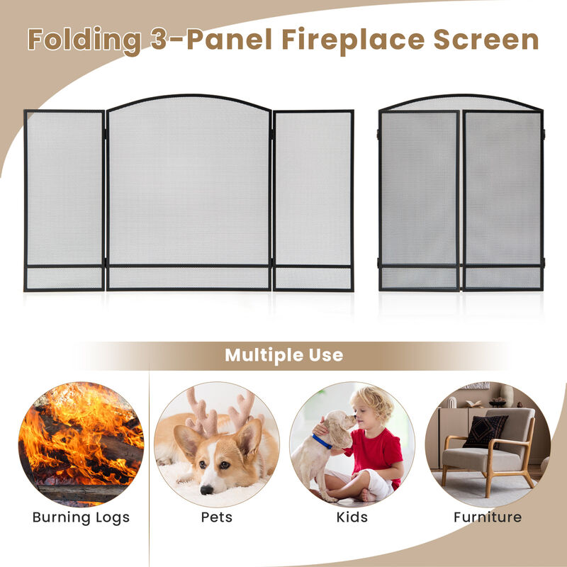 3-Panel Foldable Fireplace Screen with Wrought Metal Mesh-Black image number 6