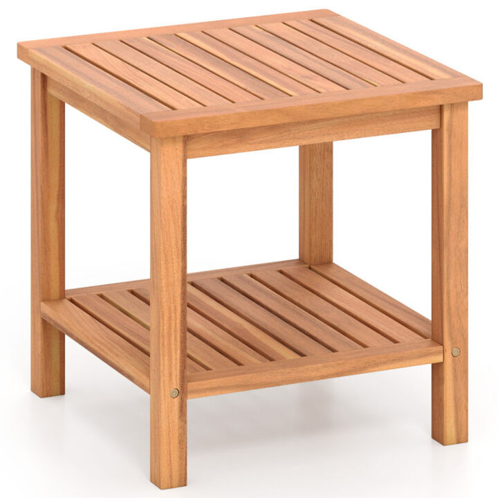 Acacia Wood Patio Side Table Featuring Slatted Tabletop and Storage Shelf