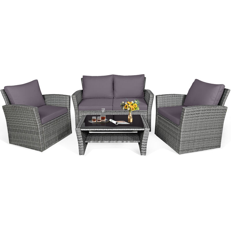 4 Pieces Patio Rattan Furniture Set Sofa Table with Storage Shelf Cushion image number 3
