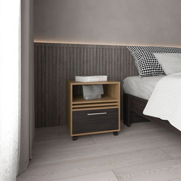 Alsen Nightstand, 1 Drawer, 4 Wheels, 1 Shelf, Natural Oak / Black