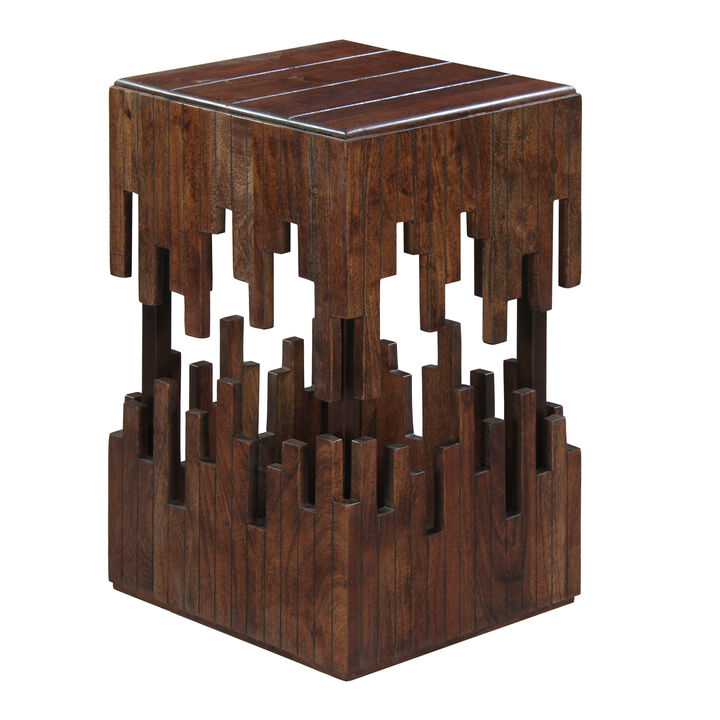 24 Inch Accent Side End Table, Brown Acacia Wood, Slatted Square Top, Handcrafted Abstract Silhouette, Black Iron - Benzara