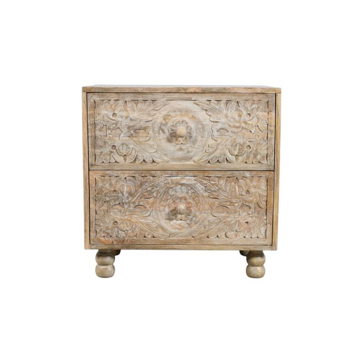 HomeRoots 24" Natural Two Drawer Distressed Carved Floral Solid Wood Nightstand