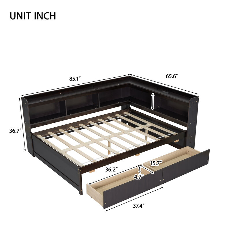 Whisen Full Size L-shaped Bookcases Bed with Power Outlets, USB Charging Ports,Two Drawers image number 9