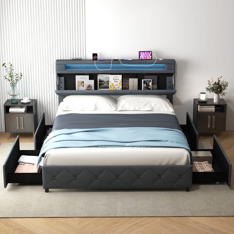 Bed Frame with Adjustable Storage Headboard and Wooden Slat Support for Organized and Comfortable Sleep