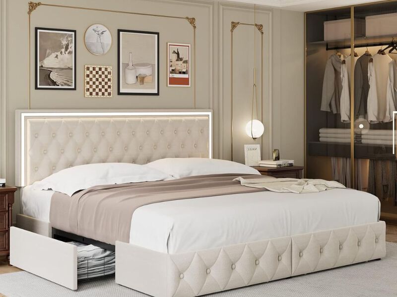 Queen Upholstered Led Bed Frame With 4 Drawers, Velvet Platform Storage Bed With Adjustable Button Tufted Headboard And Solid Wooden Slats Support, No Box Spring Needed, Beige