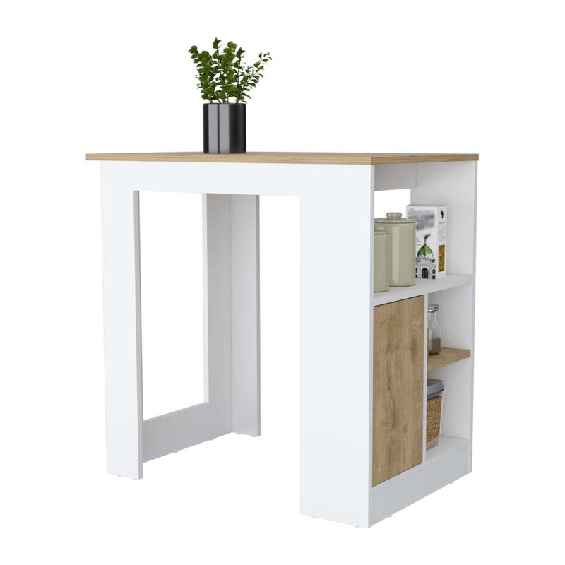 Aurora Kitchen Island with Open Compartment and Cabinet in White and Macadamia