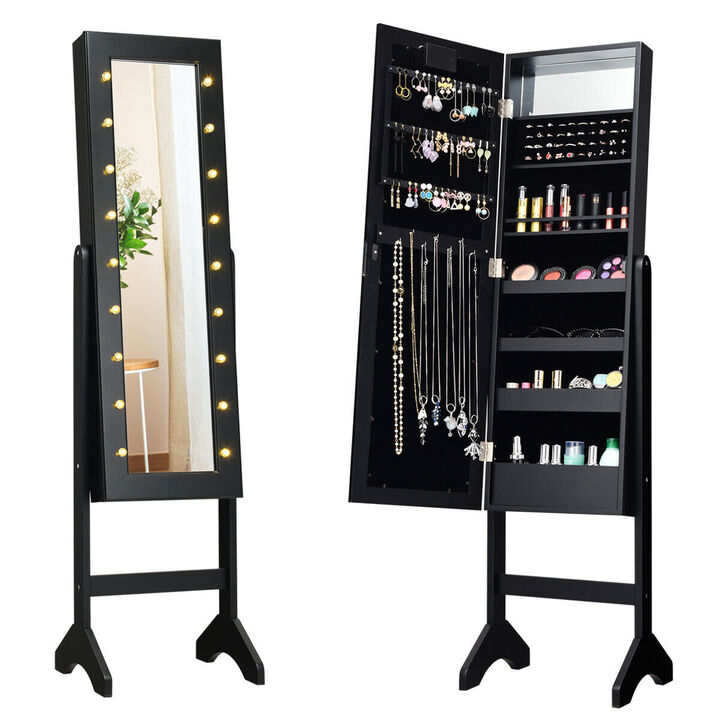 Mirrored Jewelry Cabinet Armoire Organizer w/ LED lights-Black