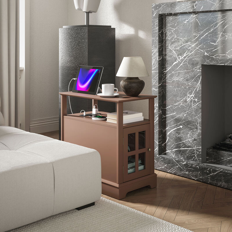 End Table with USB Ports, Open Middle Shelf and Cabinet Door for Living Room