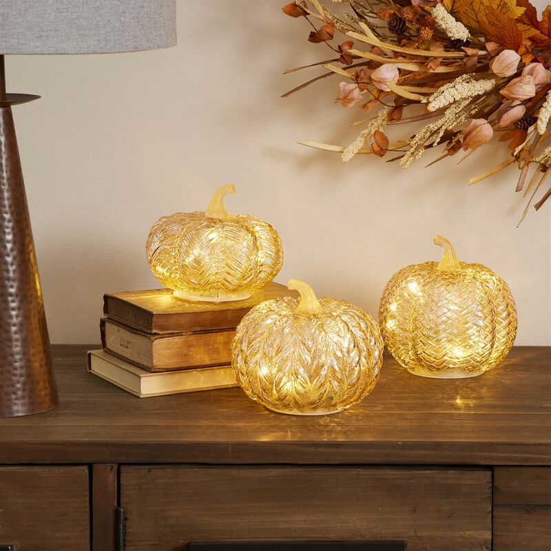 Set of 3 Light-Up Mercury Glass Pumpkins for Festive Fall or Thanksgiving Decor