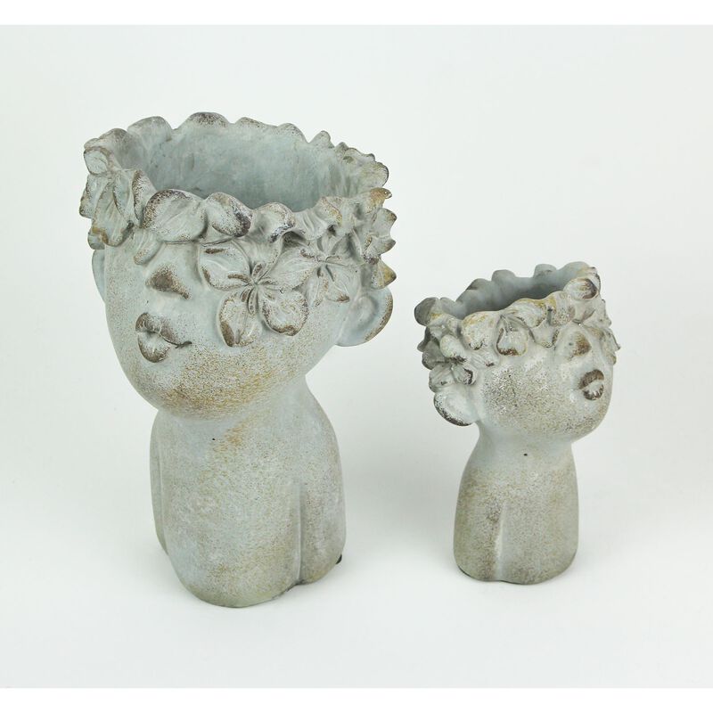 Pair Of Pucker Up Kissing Face Weathered Finish Concrete Head Planters image number 1