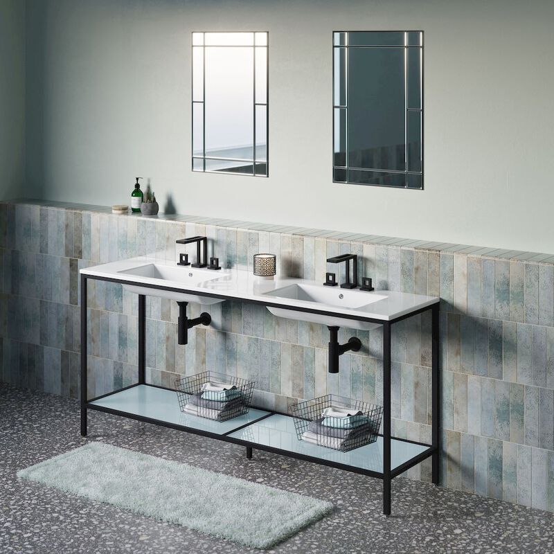 72 Double, Freestanding, Open Shelf, Matte Black Metal Frame Bathroom Vanity image number 5
