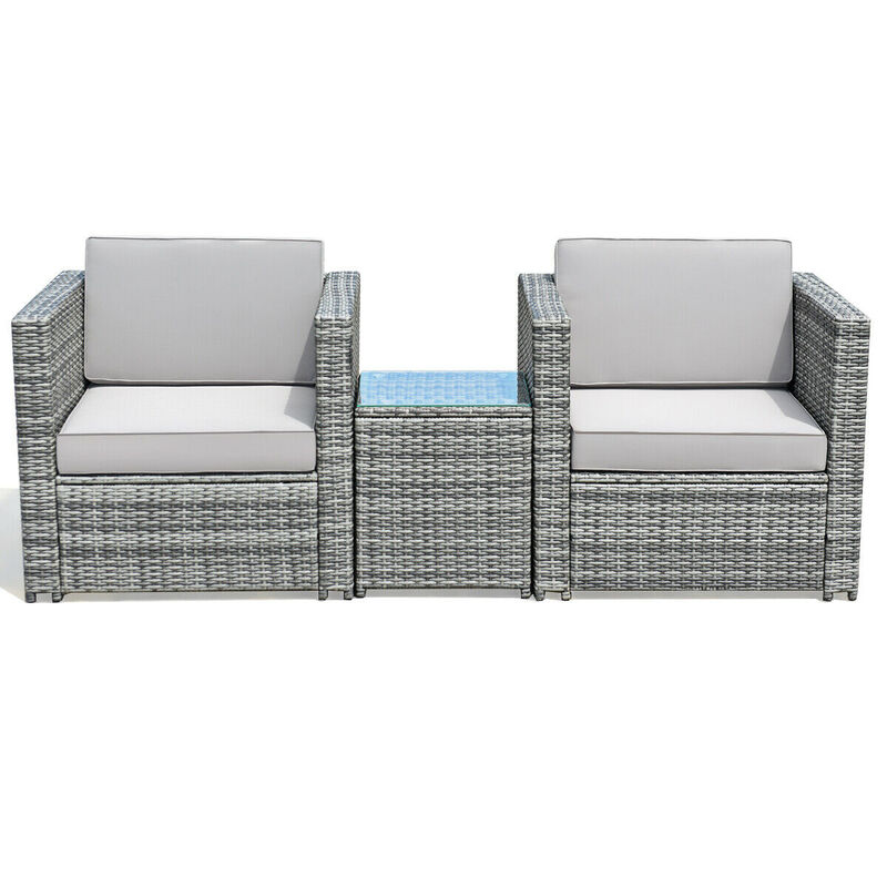 3-Piece Patio Garden Rattan Furniture Set with Cushioned Sofa and Coffee Table