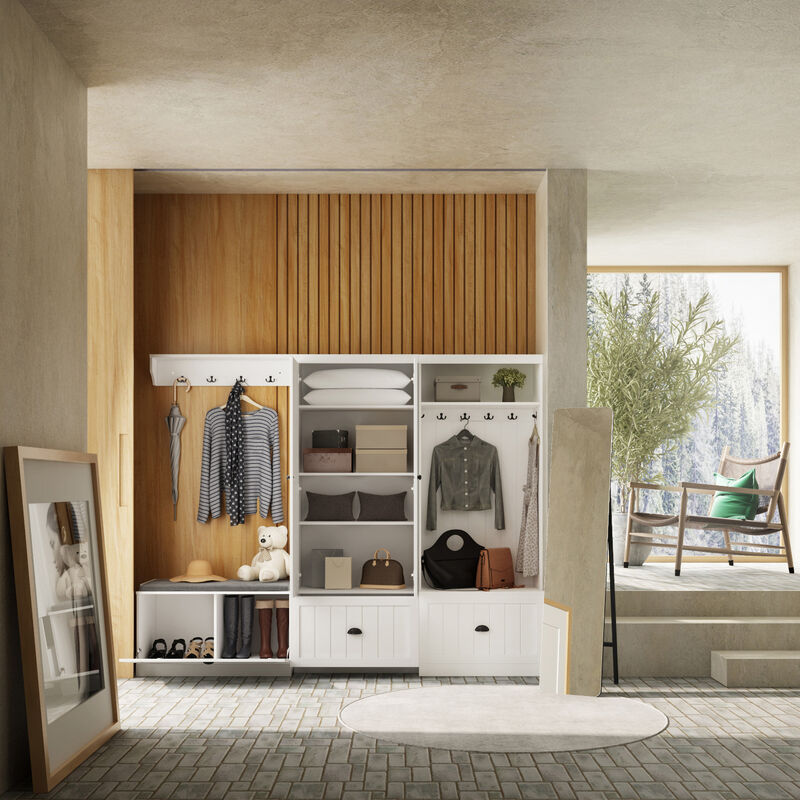 FUFU&GAGA White Storage Combo, Shoe Bench with Soft Seat, Hidden Wardrobe & Open Coat Rack - Textured Finish, Black Handles (86.8 in. W x 17.7 in. D x 70.9 in. H) image number 8