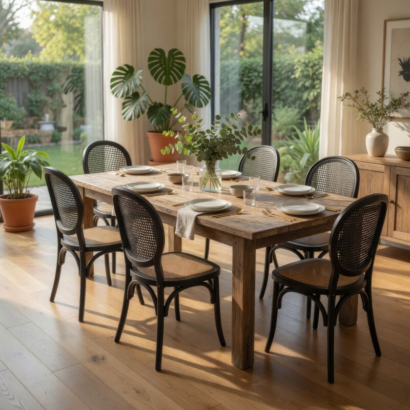 Dining Chair Set of 2, Matte Black Rattan Woven Back and Brown Seat image number 6