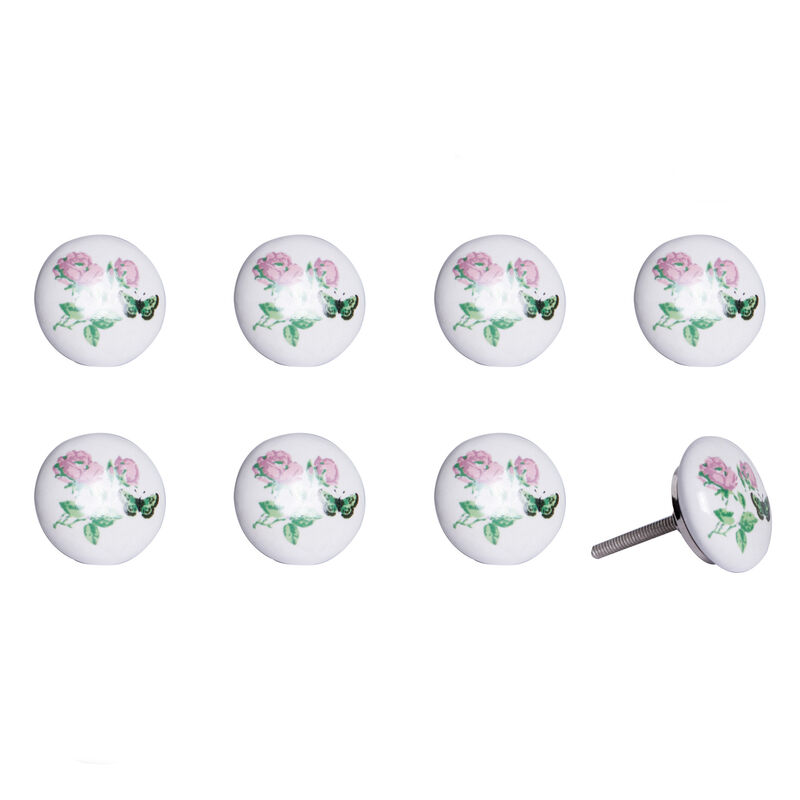 HomeRoots Set of Eight Light Pink And White Ceramic And Metal Floral Drawer Pull Knobs image number 3