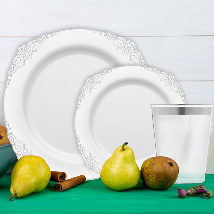 White with Silver Fancy Round Plastic Tableware Set (120 Sets)