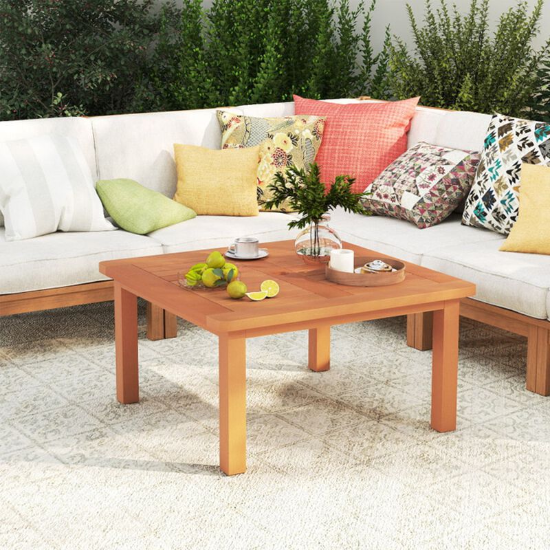 Patio Coffee Table with 2" Umbrella Hole, Solid Wood Teak Oil Finish, 132Lbs Load Outdoor Square Table image number 6