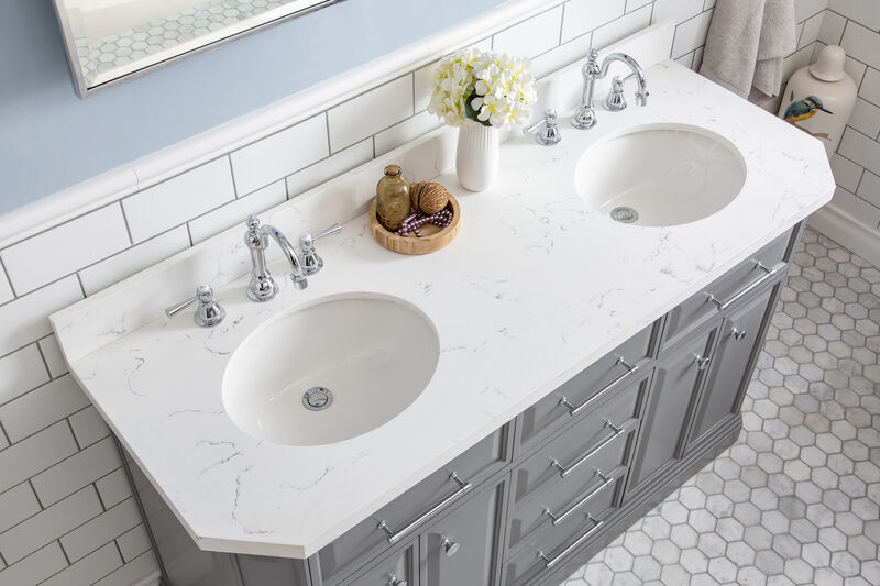Palace 60 In. Double Sink Carrara Quartz Countertop Bath Vanity in Cashmere Grey with Chrome Hardware and Hook Faucets image number 4