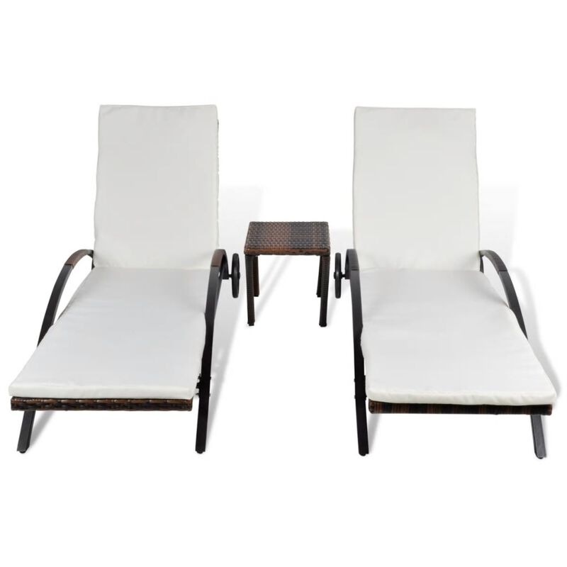 vidaXL Sun Loungers with Table Poly Rattan Brown