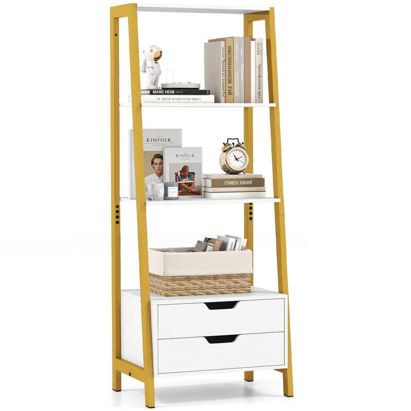 4-Tier Ladder Shelf with 2 Drawers, Freestanding Bookcase for Home or Office