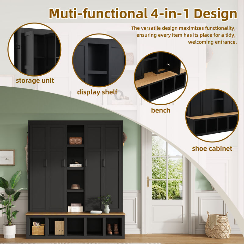 Merax Farmhouse 4-in-1 Hall Tree 6 Hanging Hooks, Wood Grain Bench | Shoe Cabinet with Open Storage