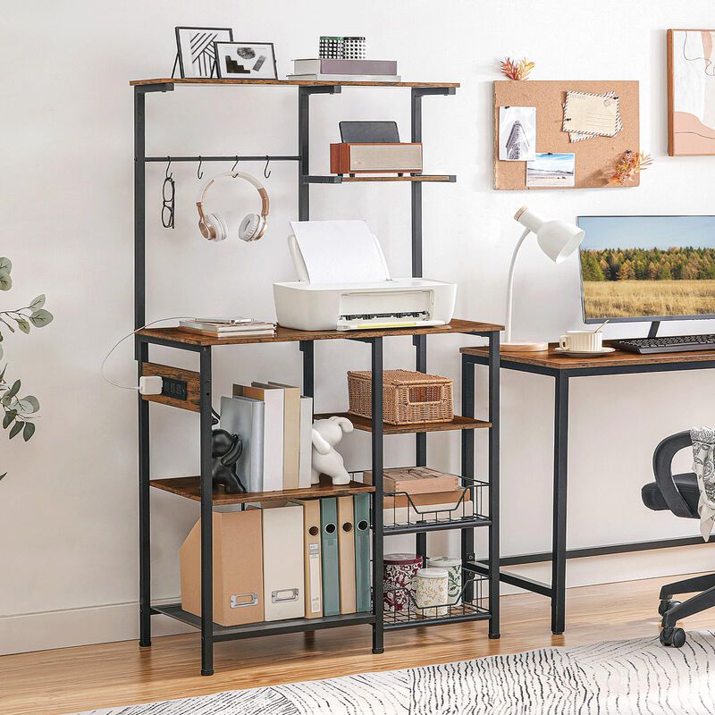 Kitchen Bakers Rack with 6 Tiers and Built-In Power Outlets for Appliances-Brown image number 3