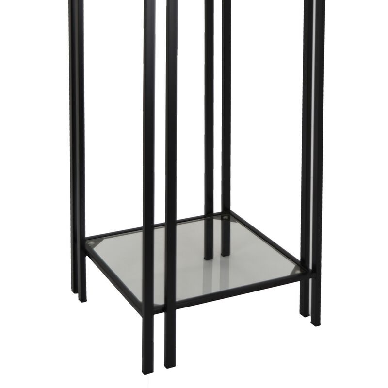 Buckley Plant Stand Table, Black Metal, Square Mirrored Top, 28 Inch - Benzara