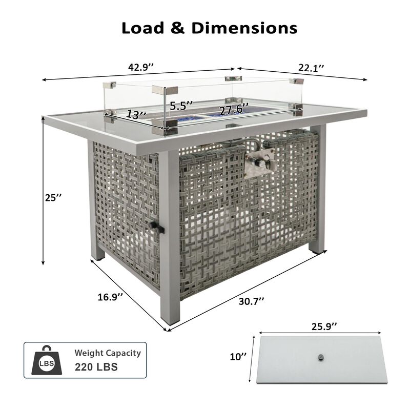 Whisen 43" Propane Gas Fire Pit Table, 60000 BTU Open Weave Wicker Fire Pit with Glass Wind Guard image number 9