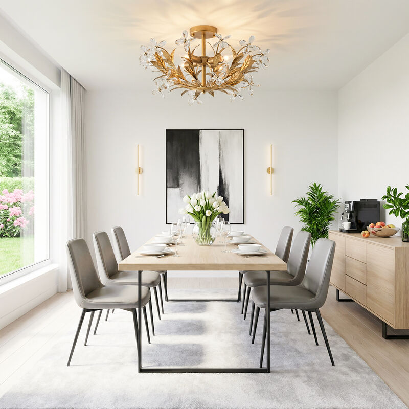 23.6" 4-Light Modern Antique Gold Leaf Shaped Crystal Flower Semi-Flush Mount Ceiling Light for Bedroom or Etryway image number 3