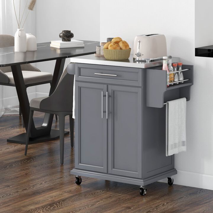 Kitchen Island on Wheels, Rolling Kitchen Cart with Drawer, Stainless Steel Top,Utility Cart with Towel Rack and Spice Rack, Gray