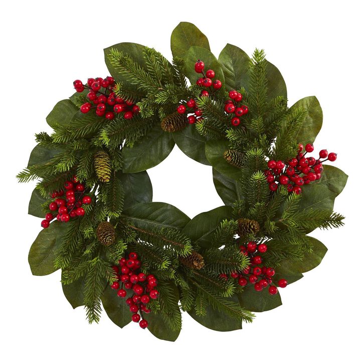 Nearly Natural 24-in Magnolia Leaf, Berry and Pine Artificial Wreath