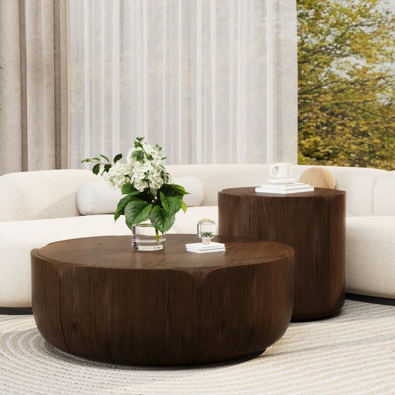 Round Outdoor Indoor Coffee Table Set, Modern Wood Grain Drum Center Table Set, Sturdy Waterproof(Set of 2) image number 3