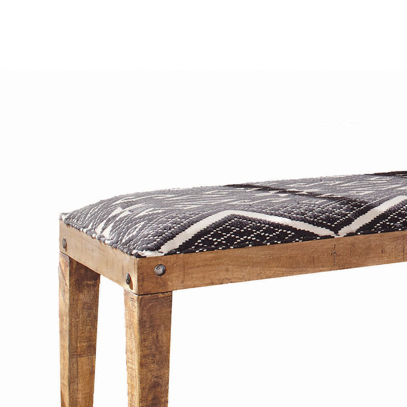 Fabric Upholstered Wooden Bench with Tapered Legs, Brown and Blue