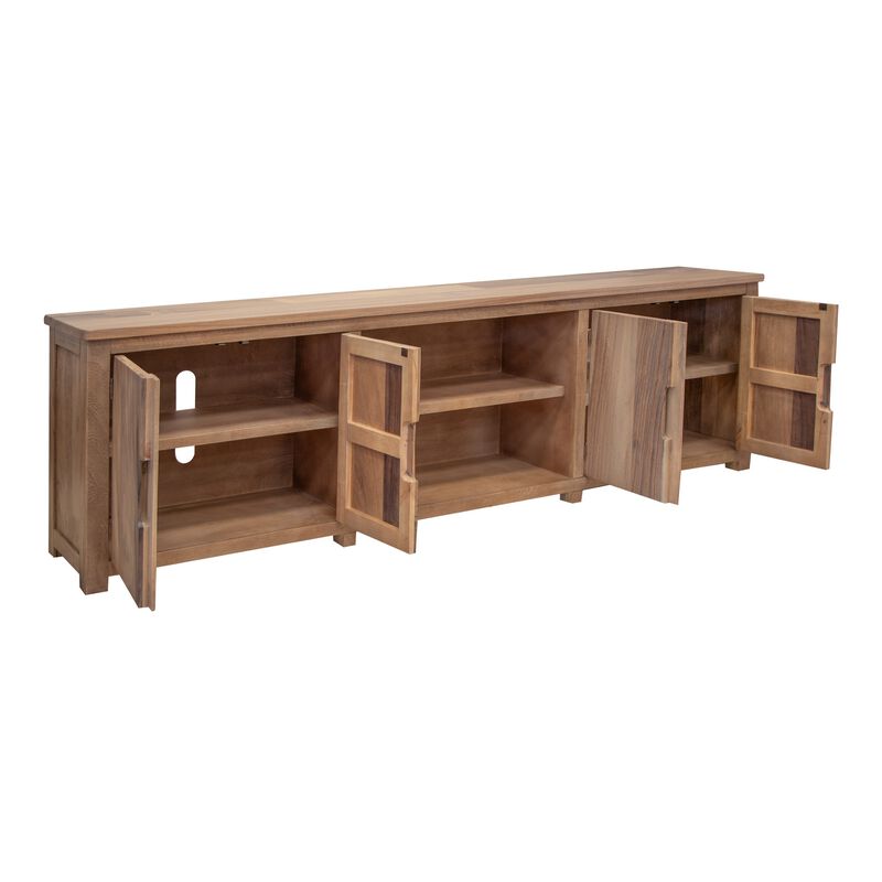 Umey 93 Inch TV Entertainment Console, 3 Shelves, 4 Doors, Brown Wood - Benzara