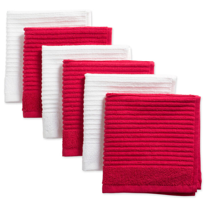 Set of 6 Tango Red and White Ribbed Square Dishcloths 12"