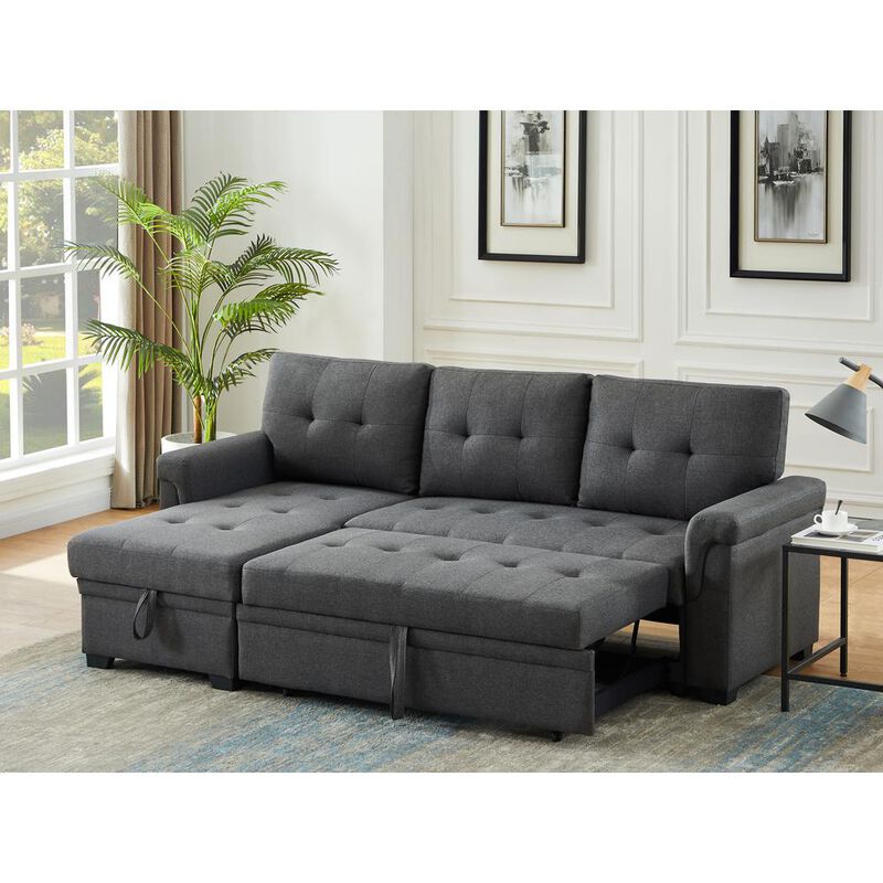 Lilola Home Lucca Dark Gray Linen Reversible Sleeper Sectional Sofa with Storage Chaise