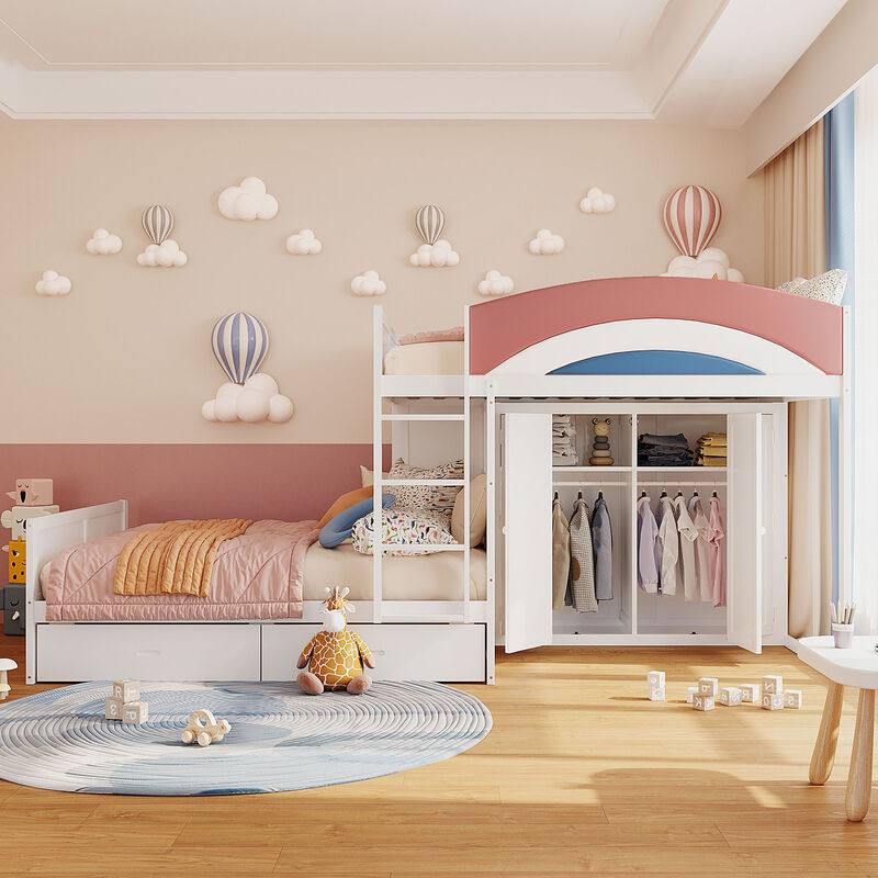 Merax Full Size Offset Bunk Bed with Wardrobe, Drawers & Upholstered Guardrail image number 1