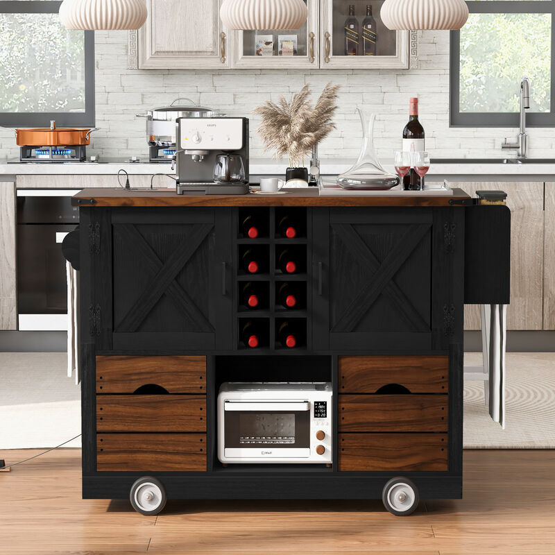 ELEMENT ACE Farmhouse Kitchen Island Cart with Foldable Leaf, Built-In Power Outlet, Ample Storage Drawers and Cabinets image number 2