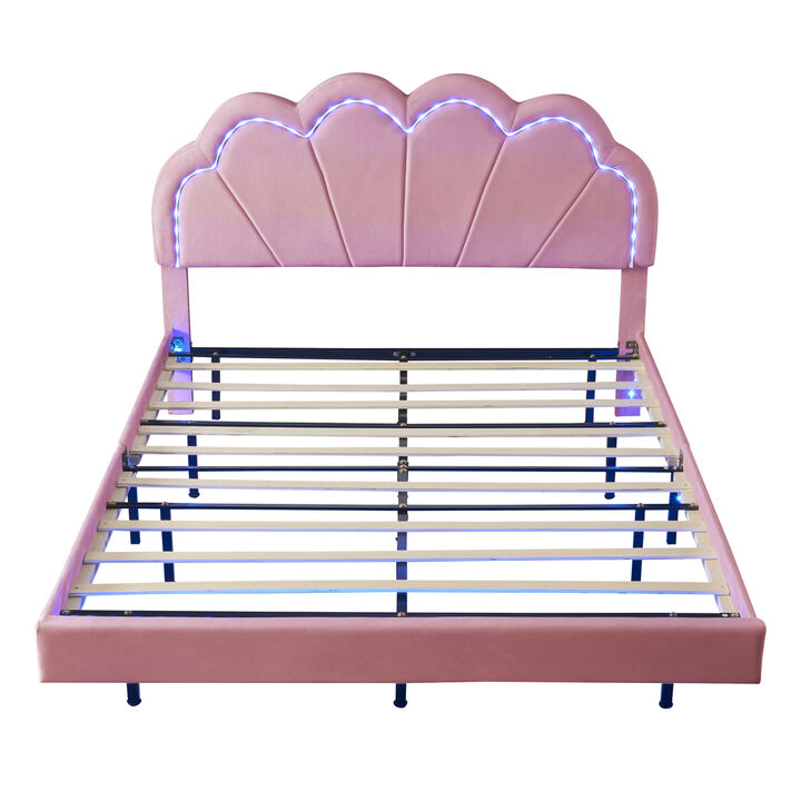 Queen Upholstered Smart LED Bed Frame with Elegant Flowers Headboard, Floating Velvet Platform LED Bed with Wooden Slats Support, Pink