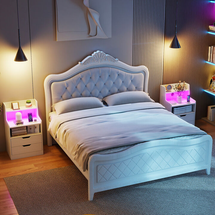 Nightstand End Table with LED Light and Charging Station for Bedroom and Living Room