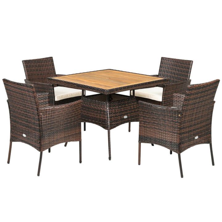 5 Pieces Acacia Wood Tabletop Patio Rattan Dining Furniture Set with Arm Chair