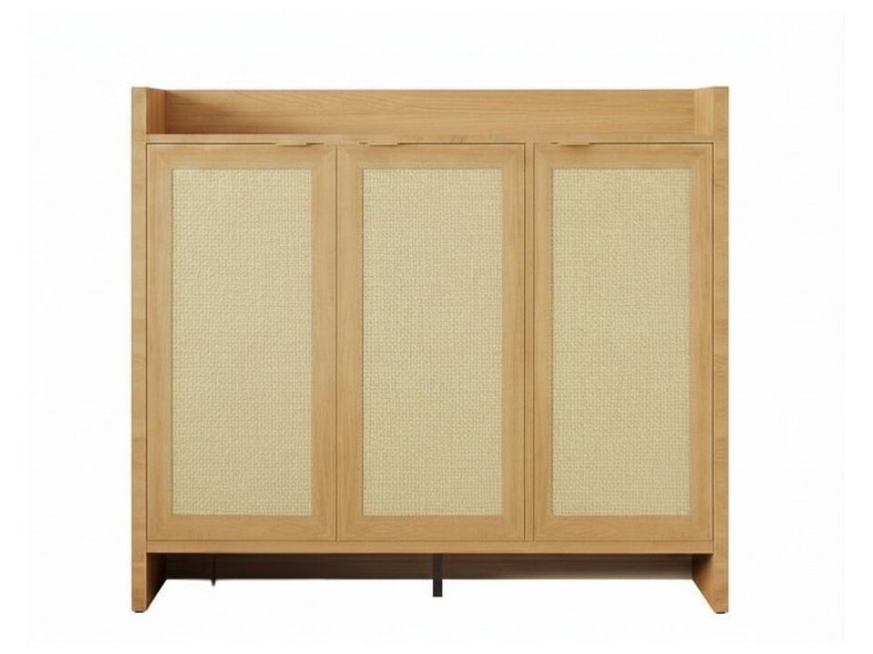 Entryway Wood Shoe Storage Cabinet Adjustable Shelves Oak Rattan