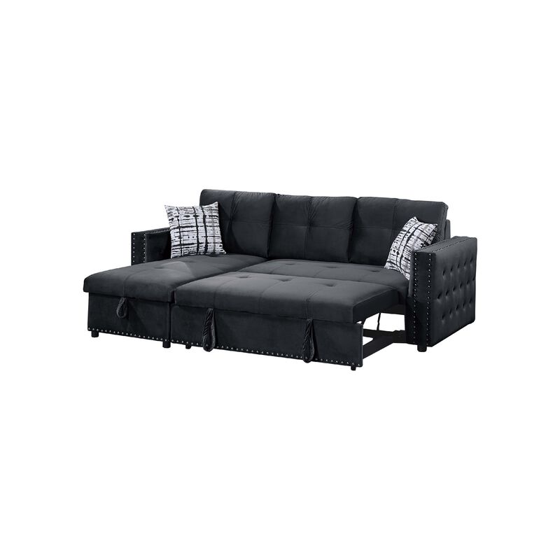 Ero Convertible Sectional Sofa, Storage Chaise, 2 Pillows Black Velvet - Benzara